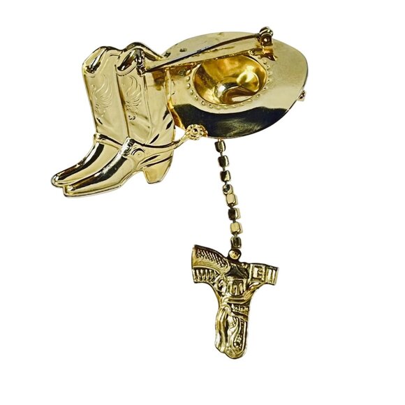 Gold Tone And Rhinestone Western Cowboy Hat, Boots And Gun Holster Brooch (6092) - Picture 4 of 6